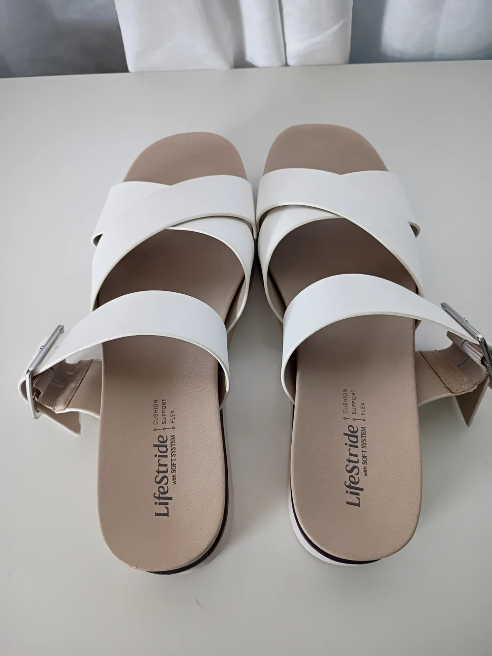 Life Stride White Crisscross Buckle Slide Sandals